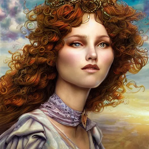 Image similar to realistic detailed face portrait of heaven by emilia dziubak, will terry, greg olsen, chris mars, ann long, and mark brooks, fairytale, female, feminine, art nouveau, illustration, character concept design, storybook layout, story board format