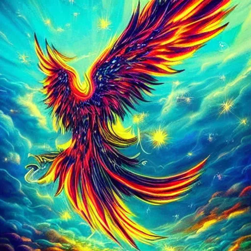 Prompt: beautiful phoenix rising from cloud of luminescent sparkling particles colorful detailed magical realism