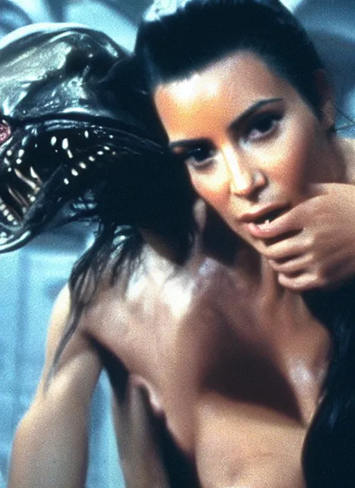 Image similar to cinematic film still of kim kardashian being held by the throat by a predator in Alien.