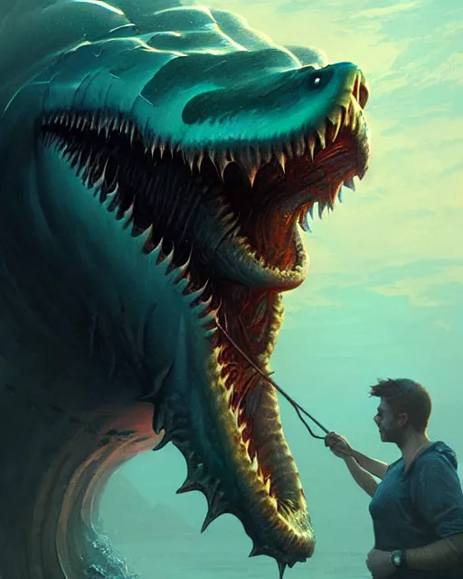 Prompt: anthropomorphic sea monster, leviathan | | terrifying, realistic shaded, fine details, realistic shaded lighting poster by greg rutkowski, diego gisbert llorens, magali villeneuve, artgerm, jeremy lipkin and rob rey