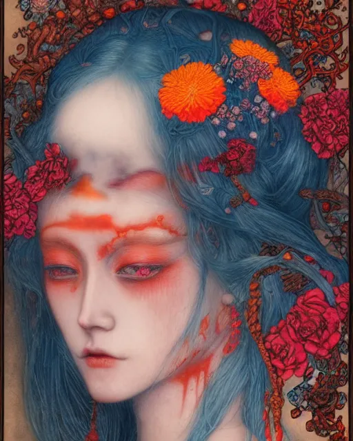 Image similar to beautiful portrait of zombie princess with flowers, cyan, orange and red color scheme, by Chie Yoshii, Jean James and Hans Zatzka, hyperfine detail, cgsociety