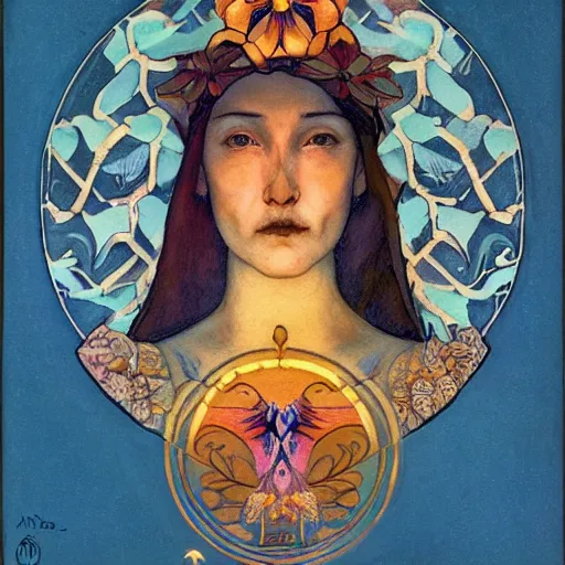 Image similar to queen of the dawn with her lantern and birds, by Annie Swynnerton and Nicholas Roerich, bioluminescent skin, floral tattoos, elaborate costume, geometric ornament, symbolist, smooth, sharp focus, extremely detailed, unreal engine