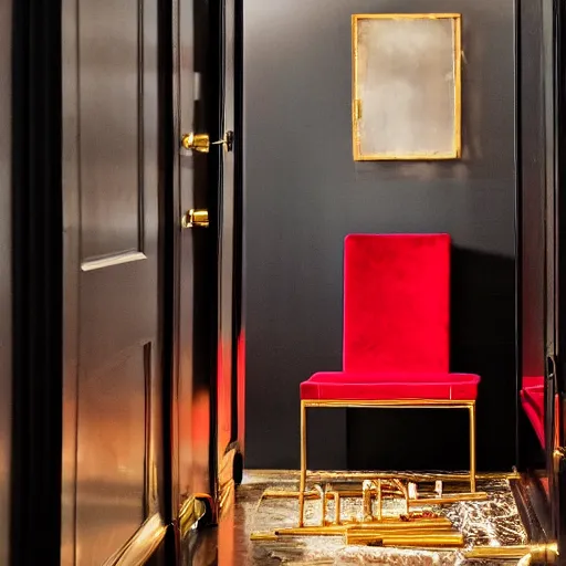 Prompt: a red chair, surrounded by sinuous gold tools, at the end of a black reflective marble hallway