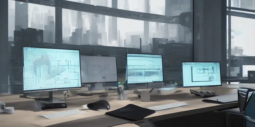 Image similar to realistic advertising photograph of a orwellian computer monitor in an urban office setting with graphs shown as blueprints and schematic drawings on the screen, ultra realistic, by cedric peyravernay, intracate detail, digital painting, industrial art style, mirrors edge art style, ambient lighting, misty, artstation, cgsociety, octane render, 3 5 mm film grain