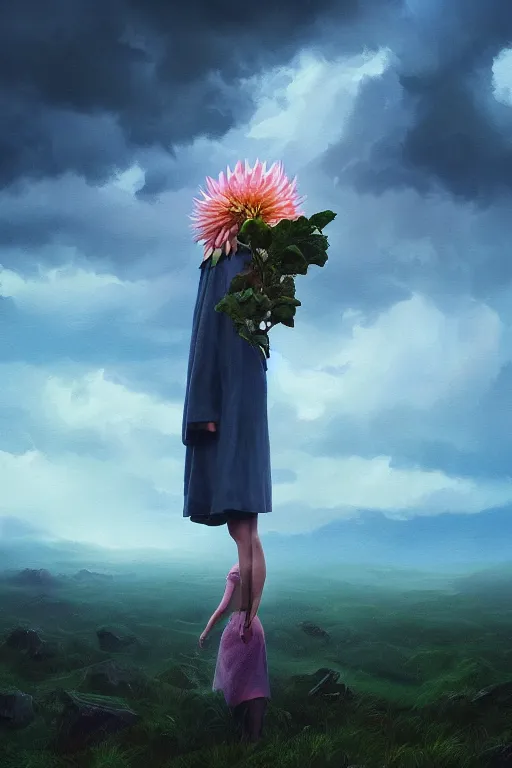 Image similar to closeup girl with giant dahlia flower as head, standing on mountain, surreal photography, blue storm clouds, dramatic light, impressionist painting, digital painting, artstation, simon stalenhag