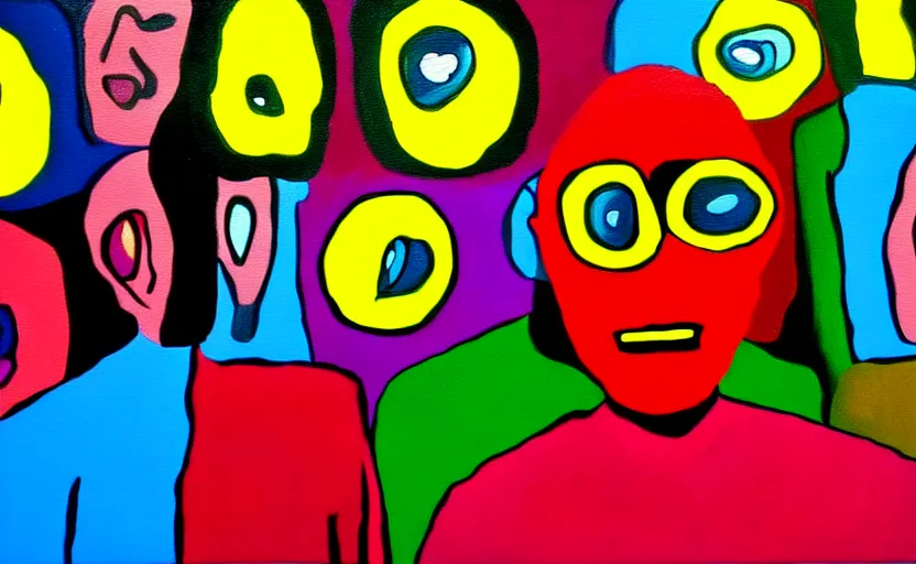 Prompt: a surreal colourful painting of a frightened young man surrounded by people without eyes and crt television s 1 5 0