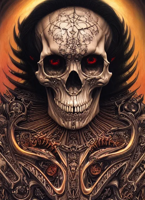 Image similar to hyper detailed masterpiece satan's skull evil tattoo warrior by donato giancola and tom bagshaw, face by artgerm and edmund leighton, and h. r. giger, trending on artstation, colorful, psychedelic aesthetic, ornate, background by james jean, 8 k, biomechanical, majestic, volumetric lighting, porcelain skin, concept art, sharp focus