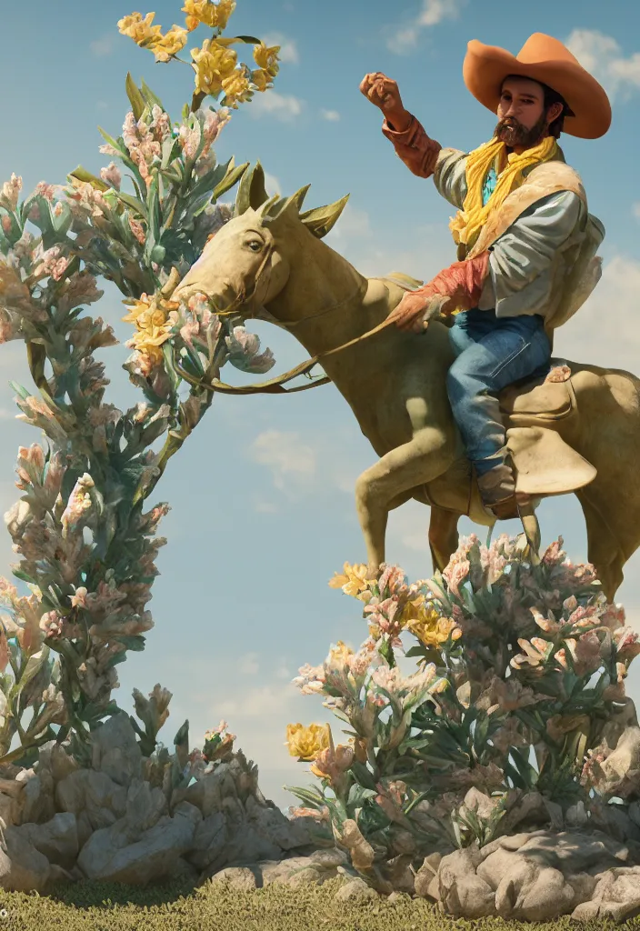 Prompt: A cowboy turning into blooms. A cowboy made of tropical sea slugs. complementary colors. national geographic. 8k, rendered in octane, smooth gradients. sculpture by antonio canova