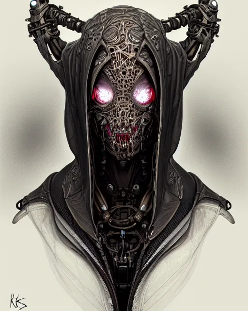 Image similar to front shot of a cyberpunk hooded dead biomechanical demon mastermind character, intricate, elegant, highly detailed, centered, (((artstation, concept art, smooth, sharp focus, artgerm, Tomasz Alen Kopera, Peter Mohrbacher, donato giancola, Joseph Christian Leyendecker, WLOP, Boris Vallejo))), mugshot!!!!!, ugly!!!!!!, octane render, nvidia raytracing demo, grainy, muted