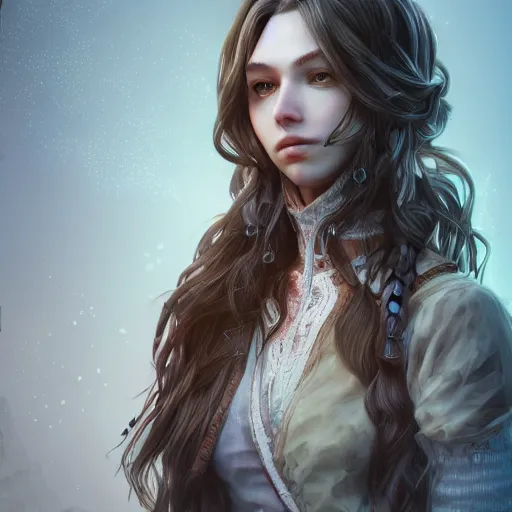 Image similar to portait centred, very long hair, hd, hyperdetailed illustration by irakli nadar, intricate linework, bright colors, octopath traveler, final fantasy, unreal engine 5 highly rendered, global illumination, radiant light