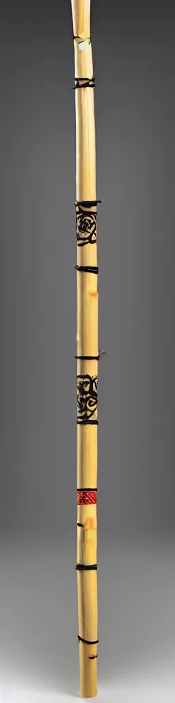 Prompt: picture of a single wooden long straight thin ninja fighting staff with oriental ornaments, bamboo, weapon, highlight, vertical, centred, symmetric, sci - fi, fantasy, dnd, close shot, bright uniform background, award winning