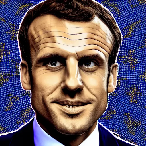 Image similar to portrait mosaic of Emmanuel macron with robot eyes, 4k, intricate details, digital, sun in the background