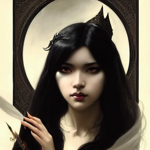 Prompt: Portrait of an divine muse with matte black hair as 2B, asian, D&D, fantasy, intricate, elegant, highly detailed, digital painting, artstation, dark art, concept art, matte, sharp focus, illustration, art by Artgerm and Greg Rutkowski and Alphonse Mucha