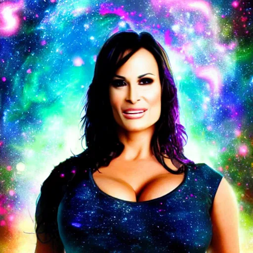 Prompt: a portrait of lisa ann in the space with nebulae, realistic painting, high definition, digital art, matte painting, very detailed, realistic