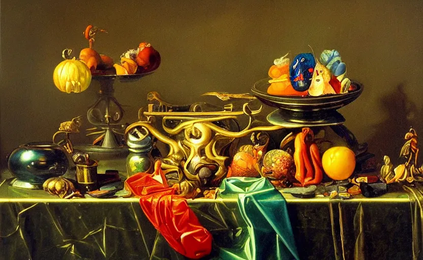 Image similar to beautiful colorful oil painting dutch golden age vanitas still life with gorgeous futuristic objects shiny transparent surfaces shiny metal devices insect nanotech rachel ruysch dali todd schorr very detailed perfect composition rule of thirds masterpiece chiaroscuro canon 5 0 mm, cinematic lighting, photography, retro, film, kodachrome