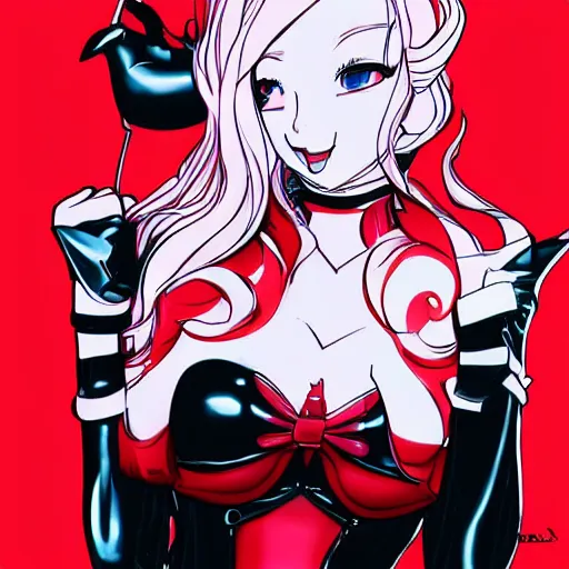 Prompt: beautiful ann takamaki from Persona 5 in her red latex outfit digital portrait in the style of stanley artgerm-W 448