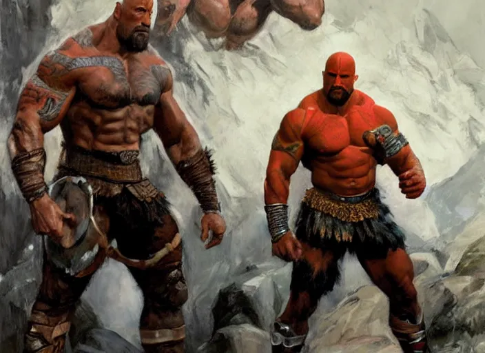 Image similar to a highly detailed beautiful portrait of dwayne johnson as kratos, by gregory manchess, james gurney, james jean