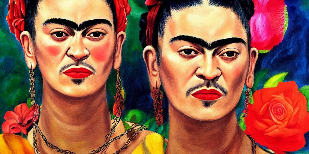 Image similar to frida kahlo rapper art painting, hd, canvas, art, clear, sharp focus, smooth