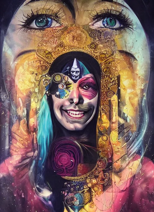 Image similar to creative magic cult psychic woman smiling, third eye concept, subjective consciousness psychedelic, epic surrealism expressionism symbolism, story telling, iconic, dark robed, oil painting, symmetrical face, dark myth mythos, by Sandra Chevrier, Noriyoshi Ohrai masterpiece