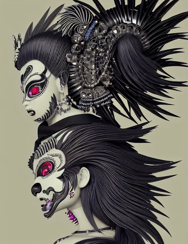 Prompt: 3 d goddess close - up profile portrait punk with mohawk with ram skull. beautiful intricately detailed japanese crow kitsune mask and clasical japanese kimono. betta fish, jellyfish phoenix, bio luminescent, plasma, ice, water, wind, creature, artwork by tooth wu and wlop and beeple and greg rutkowski