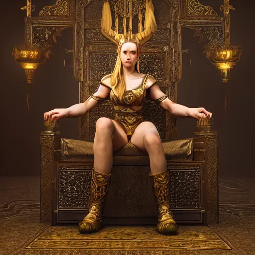 Image similar to the elder scrolls vi, charismatic regal blonde female jarl, portrait, exquisitely designed throne room, atmospheric lighting, painted, intricate, volumetric lighting, beautiful, daytime, slightly sunny weather, sharp focus, deep colours, ultra detailed, by leesha hannigan, ross tran, thierry doizon, kai carpenter, ignacio fernandez rios