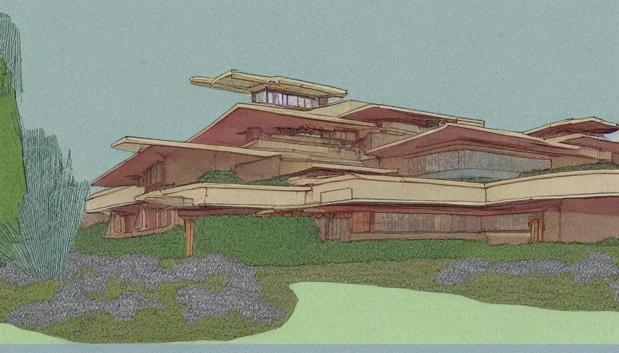 Prompt: frank lloyd wright house as a botanical illustration