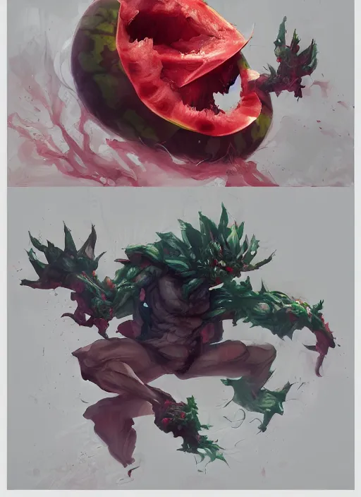 Image similar to semi reallistic gouache gesture painting, by yoshitaka amano, by ruan jia, by Conrad roset, by dofus online artists, detailed anime 3d render watermelon monster, watermelon terrible monster, antrophomorfic watermelon, portrait, cgsociety, artstation, rococo mechanical, Digital reality, sf5 ink style, dieselpunk atmosphere, gesture drawn