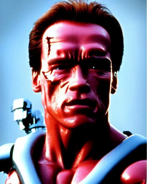 Image similar to arnold schwarzenegger as a damaged t - 1 0 0 terminator, one red robotic eye, photo