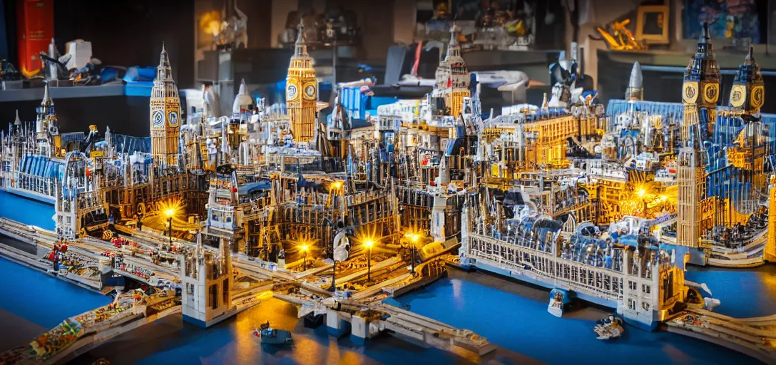 Image similar to detailed lego build of london city on basement table, professional photo, professional lighting, HDR
