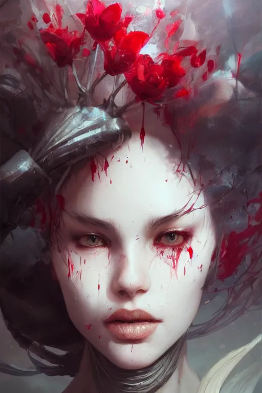 Image similar to abstract face closeup of beautiful girl predator covered with blood, 3 d render, hyper realistic detailed portrait, holding magic flowers, ruan jia, wlop. scifi, fantasy, hyper detailed, octane render, concept art, by peter mohrbacher, by wlop, by ruan jia