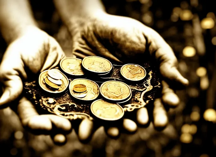 Image similar to old retro burnt out sepia photograph with scratches of an old and wrinkled hand holding a few golden coins with royal engravings. magical forest in the background with bokeh. Antique. High quality 8k. Intricate. Sony a7r iv 35mm. Award winning.