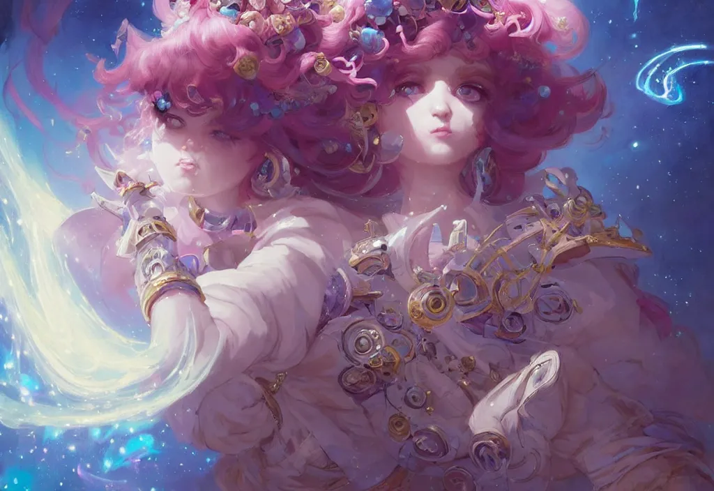 Image similar to close up picture of an maximalist dress magical girl, neat hair with bangs, smug face, fist to camera, extremely beautiful and aesthetic and detailed cute face and eyes, wipe out evils with cute astronaut familiar sprites, aming the magical beams, chiaroscuro, intricate, masterpiece, fantasy illustrations by peter mohrbacher and anato finnstark and jeremy lipking