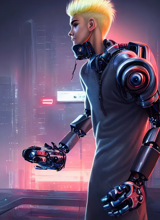 Image similar to photo of cyberpunk blonde male teenager fighting a robot in the style of stefan kostic, realistic, sharp focus, 8 k high definition, insanely detailed, intricate, elegant, art by stanley lau and artgerm