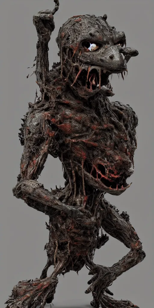 Image similar to Anthropomorphic hunchbacked creature with gray skin in full growth, large claws on the hands, covered with rust and soot, arms, legs and head, a small head without eyes and nose, only a black mouth, artstation, highly detailed, 8k, HD, octane render, post-apocalypse