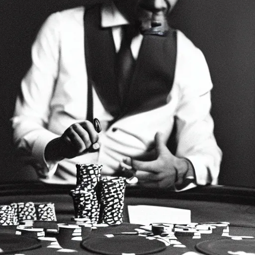 Image similar to monkey in a suit smoking a cigar and playing poker in a casino, 5 0 mm, black and white photo