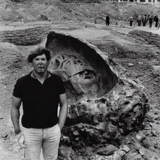 Image similar to Giant skull found at excavation site, an archaeologist stands next to the skull and is dwarfed by it, damaged 80s polaroid photo