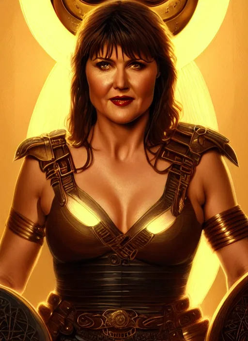 Image similar to portrait of lucy lawless as xena warrior princess, 1 9 5 0 s, intricate, elegant, glowing lights, highly detailed, digital painting, artstation, concept art, smooth, sharp focus, illustration, art by wlop, mars ravelo and greg rutkowski