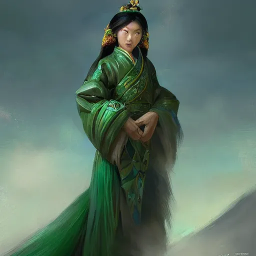 Prompt: portrait of a mongolian princess spreading its wings by greg rutkowski, she looks like an asian princess with beautiful green eyes, wearing a majestic dress, highly detailed portrait, scifi, digital painting, artstation, concept art, smooth, sharp foccus ilustration, artstation hq