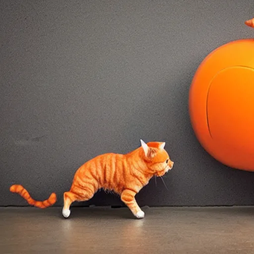 Prompt: a small dog being chased by a big fat orange cat