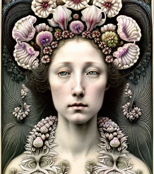 Image similar to beautiful young flower queen detailed realistic porcelain face portrait by jean delville, gustave dore, iris van herpen and marco mazzoni, art forms of nature by ernst haeckel, art nouveau, symbolist, visionary, gothic, neo - gothic, pre - raphaelite, fractal lace, intricate alien botanicals, surreality, hyperdetailed ultrasharp octane render