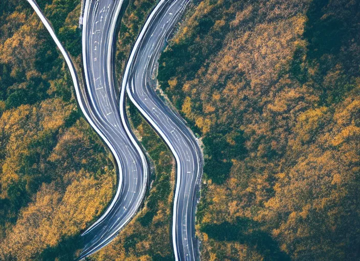 Image similar to symmetry!! a 2 8 mm macro aerial view of a beautiful winding mountain road in europe, photography, film, film grain, canon 5 0 mm, cinematic lighting