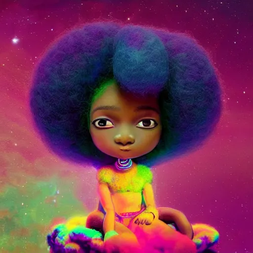 Image similar to a cute little african egyptian princess with a colorful afro sitting on a nebula cloud throne, bright colors, synthwave, watercolor, volumetric wool felting, felt, macro photography, children illustration, global illumination, radiant light, detailed and intricate environment, by goro fujita, bokeh!!!!