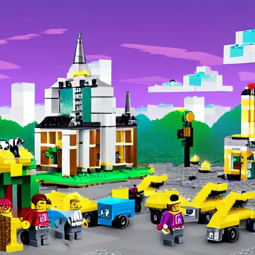 Image similar to unicorns drop giant blocks of cheese on lego city