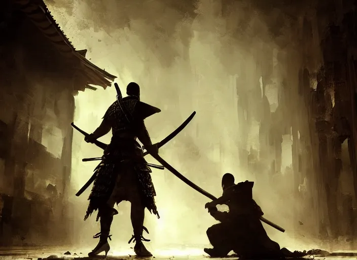 Image similar to samurai is on his knees, there is chaos around, volumetric lighting, digital painting, highly detailed, artstation, sharp focus, illustration, concept art, ruan jia, steve mccurry, amazing composition, gothic arch frame