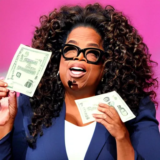 Image similar to oprah screaming, holding dollar bills, in studio