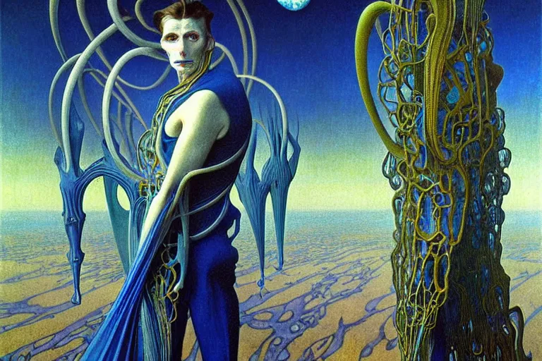 Image similar to realistic extremely detailed portrait painting of an elegantly creepy vampire man in cape, futuristic sci-fi landscape on background by Jean Delville, Amano, Yves Tanguy, Alphonse Mucha, Ernst Haeckel, Edward Robert Hughes, Roger Dean, rich moody colours, blue eyes