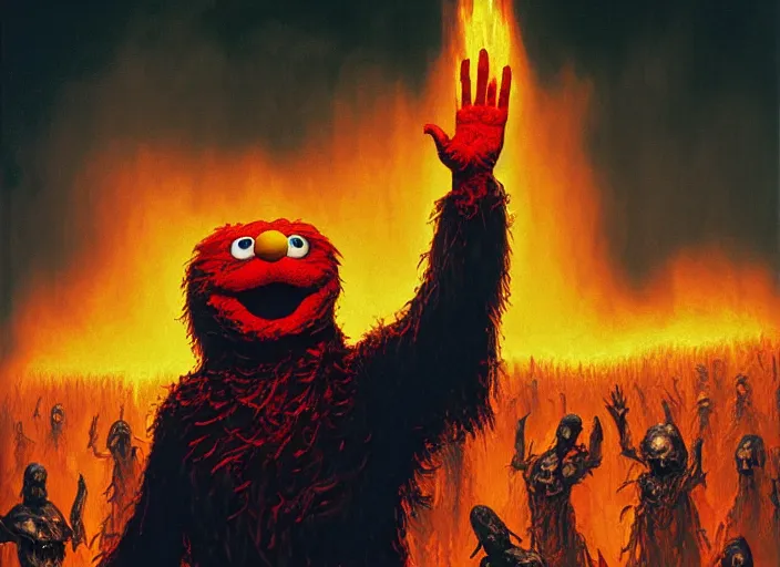 Prompt: extremely scary horror portrait of elmo raising his hands in front of massive endless apocalyptic flames, epic fantasy art by michael whelan