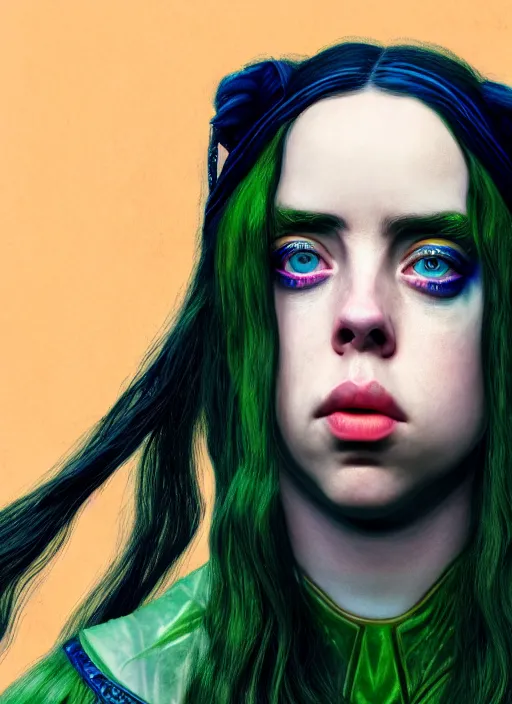 Image similar to Billie Eilish as female loki, goddess of mischief, hyper detail, hyper realistic, octane render, golden hour, gorgeous symmetrical face, elegant, by Gustave Courbet