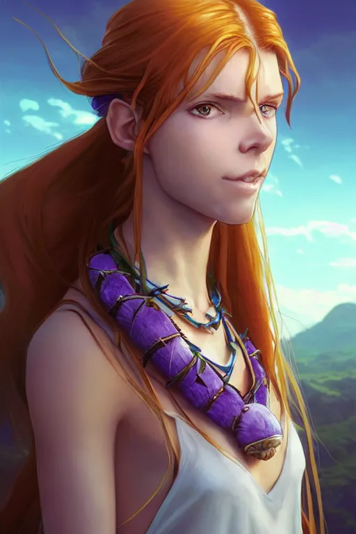 Image similar to long ginger hair, tanned woman in a prehistoric outfit, green eyes, fang necklace, by artgerm, hair tied in a ponytail, white backdrop, soft lighting, blue and purple colors, by greg rutkowski makoto shinkai takashi takeuchi