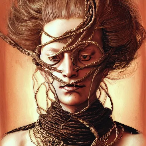 Image similar to portrait of a Shibari rope wrapped face and neck, headshot, insanely nice professional hair style, dramatic hair color, digital painting, of a old 15th century, old cyborg merchant, amber jewels, baroque, ornate clothing, scifi, realistic, hyperdetailed, chiaroscuro, concept art, art by Franz Hals and Jon Foster and Ayami Kojima and Amano and Karol Bak,